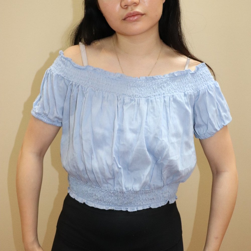 Off-the-Shoulder Crop Blue Blouse